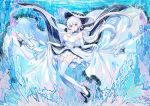  aircraft airplane azur_lane blue_eyes commentary_request dress elbow_gloves floating_clothes floating_hair garter_straps gloves gradient_hair highres illustrious_(azur_lane) large_hat multicolored_hair over-kneehighs smile submerged thighhighs wallpaper white_collar white_dress white_hair wu_se_bu_hui_(940164887) 