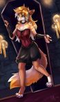 2018 4_toes 5_fingers anthro barefoot blue_nose canine clothed clothing detailed_background digital_media_(artwork) digitigrade dog ear_piercing female ketty-leopardess mammal piercing solo standing toes 