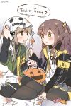  404_logo_(girls_frontline) armband artist_name brown_hair candy commentary_request food girls_frontline green_eyes grey_hair halloween halloween_costume highres jack-o'-lantern jacket multiple_girls plug_(feng-yushu) sack scar scar_across_eye siblings sisters ump40_(girls_frontline) ump45_(girls_frontline) yellow_eyes 