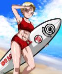  abs android_18 arm_up armpits bangle beach bikini blonde_hair blue_eyes blue_sky blush bracelet breasts closed_mouth cloud copyright_name day dragon_ball earrings feet_out_of_frame highres holding ise_(isejp1) jewelry looking_at_viewer medium_breasts muscle muscular_female navel ocean outdoors red_bikini short_hair sky smile solo standing surfboard sweat swimsuit tankini twitter_username water 