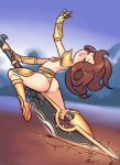  1girl armor ass bikini_armor brown_hair female leaning_back pink_eyes ryuhi solo sword tagme weapon 