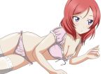  10s 1girl blush breasts cleavage downblouse eyebrows_visible_through_hair kosu large_breasts love_live! love_live!_school_idol_project lying medium_hair nail_polish nishikino_maki no_bra on_side panties parted_lips pink_nails pink_panties purple_eyes red_hair simple_background solo thighhighs tsurime underwear white_background 