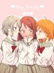  artist_request blue_eyes blush commentary_request embarrassed english full-face_blush girl_sandwich grey_hair happy_birthday love_live! love_live!_sunshine!! multiple_girls orange_hair red_eyes red_hair sakurauchi_riko sandwiched school_uniform skirt smile takami_chika watanabe_you yellow_eyes yuri 