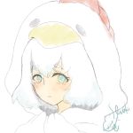  blue_eyes chicken_costume close-up commentary eyebrows_visible_through_hair highres hood kawase_maki konno_junko looking_at_viewer short_hair signature sketch solo white_background white_hair zombie_land_saga 