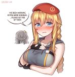  beret blonde_hair blue_eyes blush breast_envy breasts commentary crying crying_with_eyes_open danielle_brindle english girls_frontline hat highres large_breasts mg3_(girls_frontline) multiple_girls sparkling_eyes speech_bubble tears ump45_(girls_frontline) 