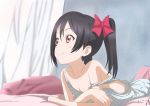  10s 1girl 2014 bare_shoulders bed black_hair bow crossed_arms curtains dated flat_chest hair_bow indoors kosu love_live! love_live!_school_idol_project lying medium_hair no_bra off_shoulder on_bed on_stomach pillow red_eyes smile solo strap_slip striped twintails yazawa_nico 
