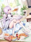  ahoge azur_lane bag blue_eyes bread cheese_trail chopsticks coke_bottle commentary_request eating fast_food food french_fries gloves highres illustrious_(azur_lane) interior kneehighs lavender_hair low_twintails no_shoes paper_bag pizza pizza_box plastic_bag sitting soda_bottle solo twintails white_legwear wu_se_bu_hui_(940164887) 