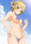  aegis_(takunomi) bangs bare_arms beach bikini blonde_hair blue_bikini blue_sky blush breasts cameltoe closed_mouth cloud cloudy_sky collarbone covered_nipples cowboy_shot day elf eyebrows_visible_through_hair fingernails folded_ponytail green_eyes groin hair_between_eyes hand_on_hip hand_up highres large_breasts looking_at_viewer midriff navel original outdoors pointy_ears side-tie_bikini sideboob skindentation sky solo standing stomach strap_gap string_bikini swimsuit takunomi thighs underboob water 