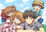  2girls :d amai_yadoraki blue_eyes blue_pants blue_sky blush brown_hair brown_hat collarbone day glasses grey_shirt hair_bobbles hair_ornament hat if_they_mated ikari_shinji long_hair long_sleeves looking_at_viewer lying multiple_boys multiple_girls neon_genesis_evangelion older on_stomach open_mouth outdoors overalls pants red-framed_eyewear red_sweater shirt short_sleeves sky smile soryu_asuka_langley striped striped_sweater sweater twintails 