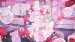  bare_legs barefoot blue_hair bottle_miku closed_eyes commentary_request couch dress fish goldfish gradient_hair haikei_natsu_ni_oboreru_(vocaloid) hatsune_miku highres indoors interior koi long_hair lying multicolored_hair parted_lips solo song_name table very_long_hair vocaloid wallpaper water_drop white_dress wu_se_bu_hui_(940164887) 