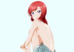  10s 1girl aqua_background back backboob bare_back barefoot blush blush_stickers breasts kosu looking_at_viewer looking_back love_live! love_live!_school_idol_project medium_breasts medium_hair nishikino_maki purple_eyes red_hair shorts simple_background sitting solo topless tsurime 