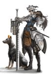  animal armor armored_skirt baton belt black_footwear black_legwear brown_eyes brown_hair commentary dog english_commentary gauntlets gun helmet highres kyoung_hwan_kim long_hair original pouch shoulder_armor simple_background solo standing sword weapon white_background 