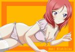  10s 1girl blush breasts character_name cleavage downblouse eyebrows_visible_through_hair kosu large_breasts love_live! love_live!_school_idol_project lying medium_hair nail_polish nishikino_maki no_bra on_side panties parted_lips pink_nails pink_panties purple_eyes red_hair solo thighhighs tsurime underwear 
