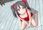  10s 1girl 2014 arm_support bare_arms bare_legs bare_shoulders barefoot black_hair blush bow breasts cleavage dated downblouse dress dutch_angle hair_bow kosu looking_at_viewer love_live! love_live!_school_idol_project medium_hair no_bra red_dress red_eyes sitting small_breasts smile solo twintails wariza yazawa_nico 