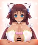  1girl animal_ears animal_print bare_shoulders bell blue_bow blue_eyes blush bow breast_squeeze breasts brown_hair cat_ears censored cleavage cleavage_cutout collar cow_print dark_skin dress female gloves hair_bow hair_ornament huge_breasts kane-neko long_hair looking_at_viewer open_mouth original paizuri paizuri_under_clothes penis pink_bow pov shiny shiny_hair shiny_skin solo solo_focus standing two_side_up upper_body white_gloves 