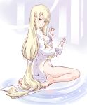  absurdres ass back barefoot blonde_hair breasts highres long_hair looking_at_viewer low-tied_long_hair low_ponytail parted_lips red_eyes sayonara_no_asa_ni_yakusoku_no_hana_wo_kazarou see-through sitting solo suzuki24 very_long_hair wariza 