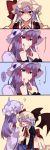  2girls 4koma ? absurdres all_fours alternate_costume ascot bangs bat_wings black_wings bow brooch closed_mouth comic commentary_request directional_arrow fingernails fingersmile hair_between_eyes hair_bow hat hat_ribbon highres himajinsan0401 jewelry juliet_sleeves long_fingernails long_hair long_sleeves mob_cap multiple_girls nail_polish patchouli_knowledge puffy_sleeves purple_eyes purple_hair purple_hat red_bow red_eyes red_nails red_neckwear red_ribbon remilia_scarlet ribbon sash silent_comic smile sweatdrop touhou wings 