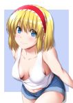  alice_margatroid alternate_costume bangs bare_arms blonde_hair blue_background blue_eyes blush breasts breasts_apart closed_mouth collarbone commentary cowboy_shot eyebrows_visible_through_hair hairband highres lips looking_at_viewer medium_breasts midriff_peek navel no_bra nori_tamago short_shorts shorts solo tank_top touhou two-tone_background white_background 