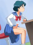  1girl amedama_akihito animated animated_gif bishoujo_senshi_sailor_moon blue_background blue_hair censored chair closed_mouth collarbone desk erection futanari long_sleeves masturbation mizuno_ami penis pleated_skirt school_uniform short_hair sitting skirt solo 