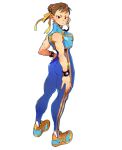  adidas andrea_cofrancesco ass bodysuit breasts brown_eyes brown_hair chun-li double_bun from_behind full_body hair_ribbon hand_on_hip highres looking_back ribbon shoes short_hair skin_tight sleeveless sneakers solo standing street_fighter street_fighter_zero_(series) striped studded_bracelet thick_thighs thighs tsurime vertical_stripes vest white_background 