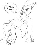  abdominal_bulge anthro blush bulge claws convenient_censorship frown inflation kangaroo male male_pregnancy mammal marsupial mojjav3 monochrome navel nude pecs pregnant simple_background sitting sketch solo speech_bubble teeth text white_background 