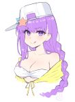  baseball_cap bb_(fate)_(all) bb_(swimsuit_mooncancer)_(fate) blush breasts collarbone emu_(confisery) eyebrows_visible_through_hair eyes_visible_through_hair fate_(series) hat hat_pin highres large_breasts long_hair off_shoulder purple_eyes purple_hair shirt sideways_hat simple_background star star_hat_ornament tied_shirt upper_body white_background white_bikini_top white_hat yellow_shirt 