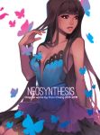  artbook bangs blue_dress breasts brown_eyes brown_hair bug butterfly commentary cover_image dark_skin dress english_commentary finni_chang hair_flip insect lips long_hair looking_to_the_side medium_breasts nose original sitting solo strapless strapless_dress very_long_hair 