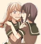  black_hair blush brown_eyes brown_hair commentary face-to-face food hand_on_another's_shoulder kantai_collection kitakami_(kantai_collection) long_hair multiple_girls ooi_(kantai_collection) open_mouth pocky pocky_day pocky_kiss sailor_collar shared_food short_sleeves takamachiya tan_background trembling upper_body yuri 