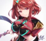  bangs blush breasts earrings fingerless_gloves gloves hair_ornament headpiece homura_(xenoblade_2) jewelry large_breasts long_hair looking_at_viewer red_eyes red_hair red_shorts short_hair shorts shoulder_armor smile solo swept_bangs tiara xenoblade_(series) xenoblade_2 yoshiomi 