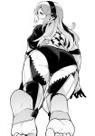  armor ass barefoot cape female_my_unit_(fire_emblem_if) fire_emblem fire_emblem_if gloves greyscale hair_between_eyes hair_ornament hairband highres long_hair mamkute messatsu_tan monochrome my_unit_(fire_emblem_if) panties pointy_ears smile underwear white_background 