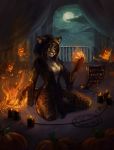  anthro biped black_nose breasts candle cheetah cleavage clothed clothing devergilia feline female fire fishnet food fruit full_moon fur hair humanoid_hands inside long_hair magic mammal moon pumpkin sitting skimpy solo spots spotted_fur zeliska 