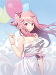  balloon bangs bow bracelet breasts cleavage collarbone dress emily_stock eyebrows_visible_through_hair floating_hair hair_bow holding holding_balloon jewelry long_hair looking_at_viewer medium_breasts original pink_bow pink_hair red_eyes ririko_(zhuoyandesailaer) shiny shiny_hair sleeveless sleeveless_dress smile solo standing striped striped_bow sundress swept_bangs twintails very_long_hair white_dress 