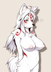  &lt;3 2017 amaterasu anthro blush breasts canine chest_tuft deity female fluffy fluffy_tail fur hair hands_behind_back j7w mammal nipples nude simple_background solo standing tuft video_games white_fur white_hair wolf yellow_eyes ōkami 