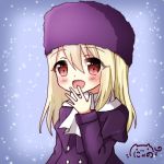  :d bangs blonde_hair blush commentary_request dress eyebrows_visible_through_hair fate/stay_night fate_(series) fur_hat hair_between_eyes hand_up hat heart heart_in_eye highres illyasviel_von_einzbern long_hair looking_at_viewer nyano21 open_mouth purple_capelet purple_dress purple_hat red_eyes scarf signature smile solo symbol_in_eye white_scarf 