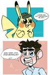  2018 black_nose blue_eyes blush brown_eyes brown_hair clothed clothing detective_pikachu dialogue digital_drawing_(artwork) digital_media_(artwork) english_text facial_hair hair hat hi_res human humor jacksepticeye male mammal mostly_nude nintendo open_mouth open_smile paperbaghero pikachu pok&eacute;mon pok&eacute;mon:_detective_pikachu pok&eacute;mon_(species) profanity raised_inner_eyebrows red_cheeks smile sparkles speech_bubble sweat text video_games watermark yellow_body 
