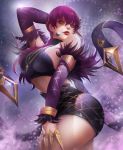  arched_back arm_up ass bare_shoulders breasts brown_eyes commentary evelynn headset high-waist_skirt highres idol jewelry k/da_(league_of_legends) k/da_evelynn kaze_no_gyouja league_of_legends lipstick long_hair looking_at_viewer makeup medium_breasts miniskirt necklace parted_lips purple_hair sideboob skirt solo thighs 