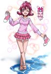  ;d aida_mana barefoot bow dokidoki!_precure eyebrows_visible_through_hair frilled_skirt frills full_body hair_between_eyes hair_bow hanzou heart heart_print holding holding_shoes layered_skirt long_sleeves looking_at_viewer miniskirt one_eye_closed open_mouth pink_bow pink_eyes pink_hair pink_shirt pink_skirt precure print_shirt sharuru_(dokidoki!_precure) shiny shiny_hair shirt shoes shoes_removed short_hair skirt smile soles solo standing striped striped_shirt wading white_bow 