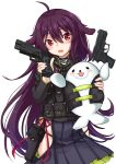  absurdres ahoge bangs black_jacket black_panties black_skirt blush commentary eyebrows_visible_through_hair fang fingernails fish_hair_ornament girls_frontline groin gun hair_between_eyes hair_ears hair_ornament handgun head_tilt highres holding holding_gun holding_stuffed_animal holding_weapon holster ivan_wang jacket long_hair long_sleeves looking_at_viewer object_namesake open_mouth p226_(girls_frontline) panties pistol pleated_skirt purple_hair red_eyes side_cutout sig_sauer sig_sauer_p226 sig_sauer_p229 simple_background skirt solo stuffed_animal stuffed_seal stuffed_toy underwear very_long_hair weapon white_background 