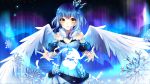  angel_wings artist_name aurora bare_shoulders blue_dress blue_hair commentary cover crown dress feathers hair_ornament highres ice ice_crystal original phyrnna planet sky snow snowflake_hair_ornament snowflakes squchan star_(sky) starry_sky watermark white_wings wings yellow_eyes 