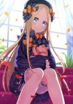  abigail_williams_(fate/grand_order) bangs black_bow black_dress black_hat blonde_hair bloomers blue_eyes bow bug butterfly closed_mouth coconat_summer commentary_request couch curtains dress fate/grand_order fate_(series) hair_bow hat head_tilt highres indoors insect knees_together_feet_apart long_hair long_sleeves looking_at_viewer object_hug on_couch orange_bow parted_bangs petals polka_dot polka_dot_bow sitting sleeves_past_fingers sleeves_past_wrists solo stuffed_animal stuffed_toy sunlight teddy_bear transparent underwear very_long_hair white_bloomers window 