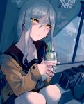  bag bench commentary_request cup drinking_straw hair_between_eyes headphones highres holding holding_cup kantai_collection long_hair looking_at_viewer parted_lips pleated_skirt sailor_collar school_bag school_uniform shinkaisei-kan sidelocks sitting skirt starbucks starbucks_siren supply_depot_hime sweater ta-class_battleship walzrj white_hair window yellow_eyes 