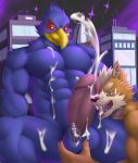  anthro avian balls bird canine city cum cum_in_mouth cum_inside cum_on_balls cum_on_chest cum_on_face cum_on_leg cum_on_stomach erection excessive_cum falco_lombardi fox fox_mccloud group licking macro male male/male mammal night nintendo oral penis penis_lick sex soliscanis star_fox tongue tongue_out video_games wolf wolf_o&#039;donnell 