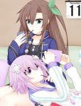  amo_chenbe blue_jacket brown_hair calendar_(object) choker food food_in_mouth green_eyes green_ribbon hair_between_eyes hair_ornament hair_ribbon highres holding hood hoodie if_(choujigen_game_neptune) indoors jacket lap_pillow long_hair long_sleeves looking_away lying mouth_hold multiple_girls neptune_(choujigen_game_neptune) neptune_(series) on_back one_side_up pocky pocky_day purple_eyes purple_hair ribbon short_hair sitting 