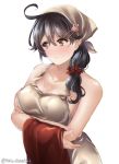  alternate_costume apron black_hair blush breasts closed_mouth commentary_request eyebrows_visible_through_hair grey_hair hair_between_eyes hair_ornament hairclip juurouta kantai_collection large_breasts long_hair naked_apron ponytail solo sweat sweatdrop ushio_(kantai_collection) 