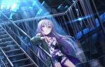  belt braid choker drum_(container) earrings expressionless factory fishnet_legwear fishnets fur hair_ribbon hoshi_shouko idolmaster idolmaster_cinderella_girls idolmaster_cinderella_girls_starlight_stage jacket jewelry light_smile moon moonlight multicolored_hair official_art purple_belt purple_hair ribbon ruins shorts silver_eyes silver_hair sparkle tank_top thigh_strap zipper 