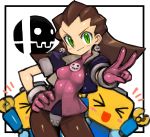  blush breasts brown_hair commentary_request cowboy_shot cropped_jacket crotch_plate dakusuta earrings eyeshadow gloves green_eyes hair_pulled_back hair_slicked_back hand_on_hip highres jewelry kobun logo makeup medium_breasts pantyhose puffy_short_sleeves puffy_sleeves robot rockman rockman_dash shiny shiny_clothes short_sleeves simple_background smile solo_focus super_smash_bros. tron_bonne v white_background 