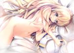  bed_sheet blonde_hair blue_eyes blush breasts commentary_request gc3 goblin_slayer! hair_over_breasts half-closed_eyes long_hair lying navel nude on_side open_mouth priestess_(goblin_slayer!) small_breasts solo very_long_hair 