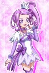  :d bangs bow breasts choker cowboy_shot cure_sword detached_sleeves dokidoki!_precure earrings grey_bow grey_eyes hair_ornament hairclip hanzou high_ponytail jewelry kenzaki_makoto long_hair long_sleeves looking_at_viewer miniskirt open_mouth parted_bangs precure purple_hair purple_legwear purple_sleeves side_ponytail skirt small_breasts smile solo standing thighhighs white_skirt 