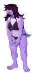  2018 absurd_res anthro aruurara bra clothing deltarune female front_view hair hair_over_eyes hi_res long_hair panties purple_scales reptile scales scalie simple_background solo standing susie_(deltarune) underwear white_background 