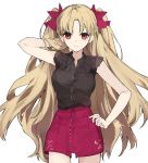  black_shirt blonde_hair bow cowboy_shot dress_shirt ereshkigal_(fate/grand_order) eyebrows_visible_through_hair fate/grand_order fate_(series) hair_bow hanakeda_(hanada_shiwo) hand_in_hair hand_on_hip long_hair looking_at_viewer red_bow red_eyes red_shorts shirt short_shorts shorts simple_background sketch sleeveless sleeveless_shirt solo standing twintails very_long_hair white_background 